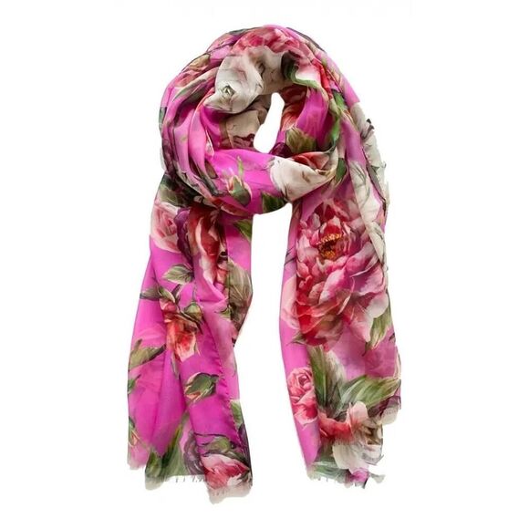 Dolce & Gabbana Floral Rose printed luxury lightweight silk scarf Pink - Picture 7 of 10